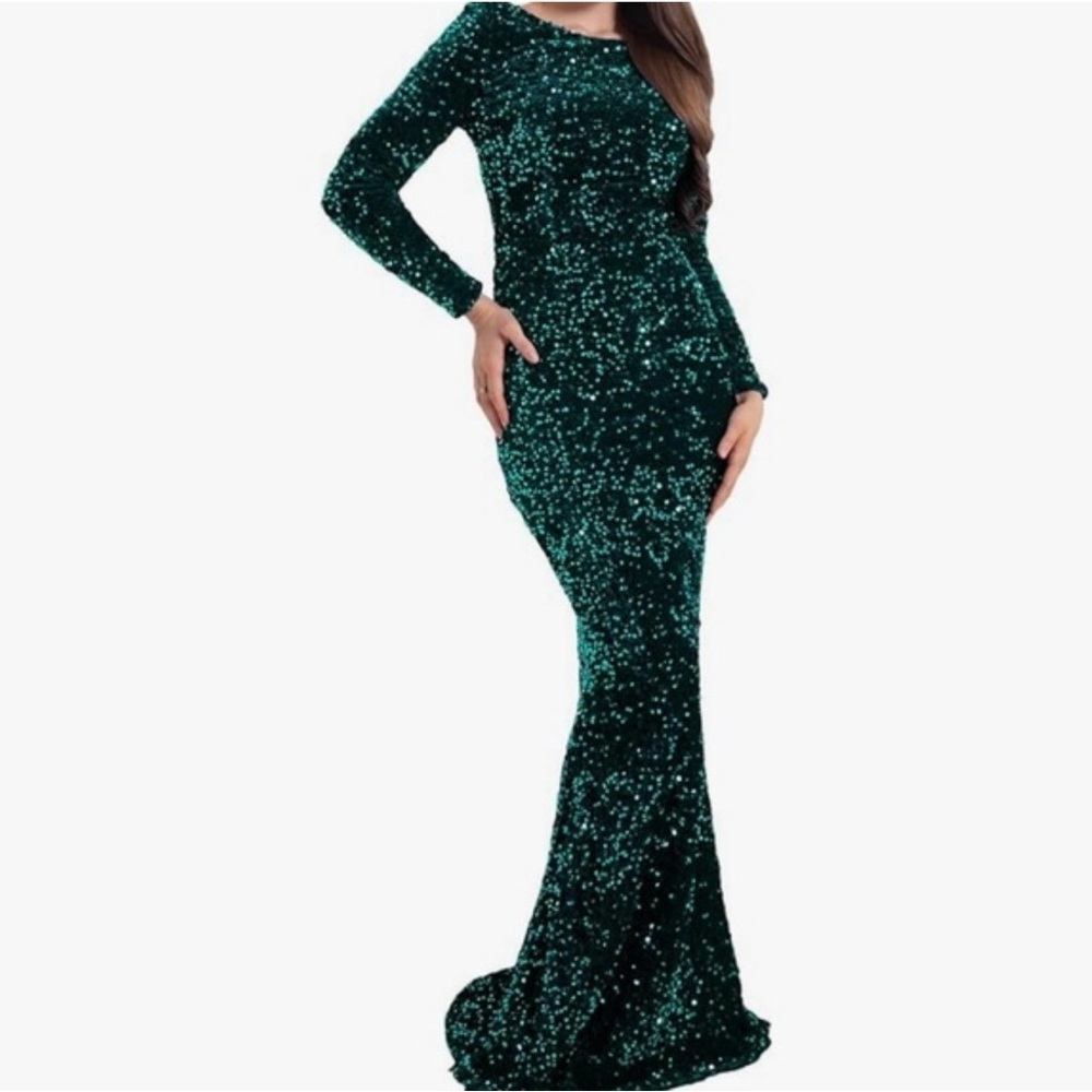 Faeriesty Green Sequin Maxi Dress Large, Long Sleeve, Shoulder Pads, Back Slit